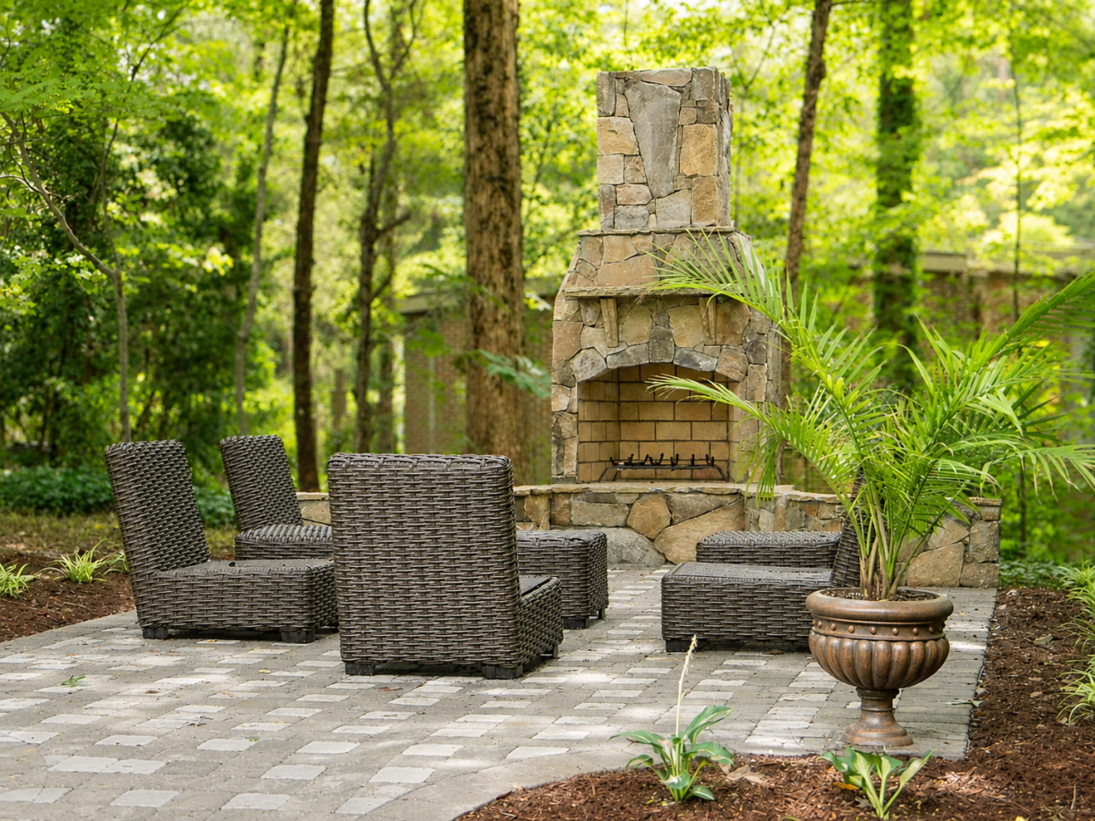 Outdoor fireplace and seating area