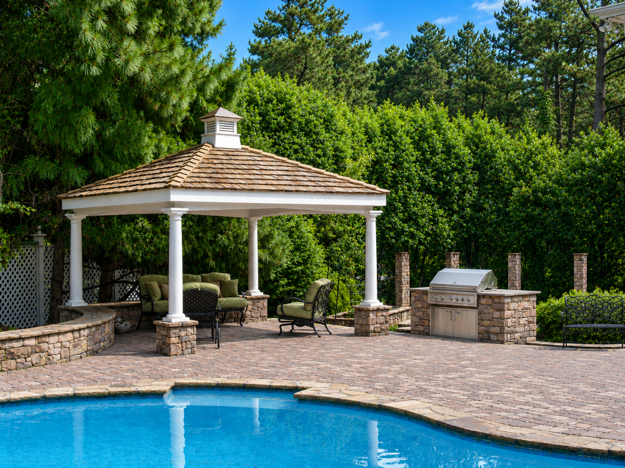 Pool cabana with outdoor kitchen