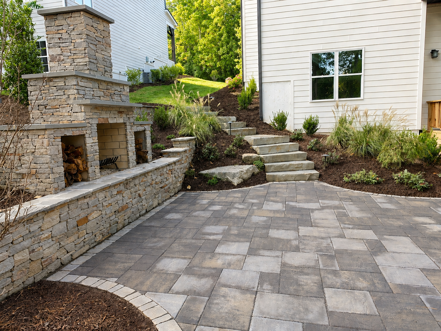 Steps and Lafitt Slab Pavers with outdoor fireplace